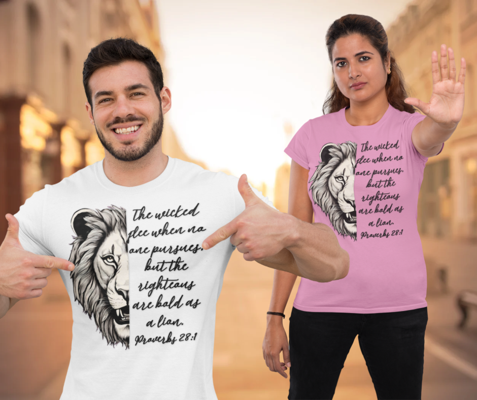 Bold Lion Scripture T-Shirt - Proverbs 28:1 Adult Unisex